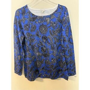 Talbots  Cotton Sweater Women's Size Large Blue Black Floral Pullover